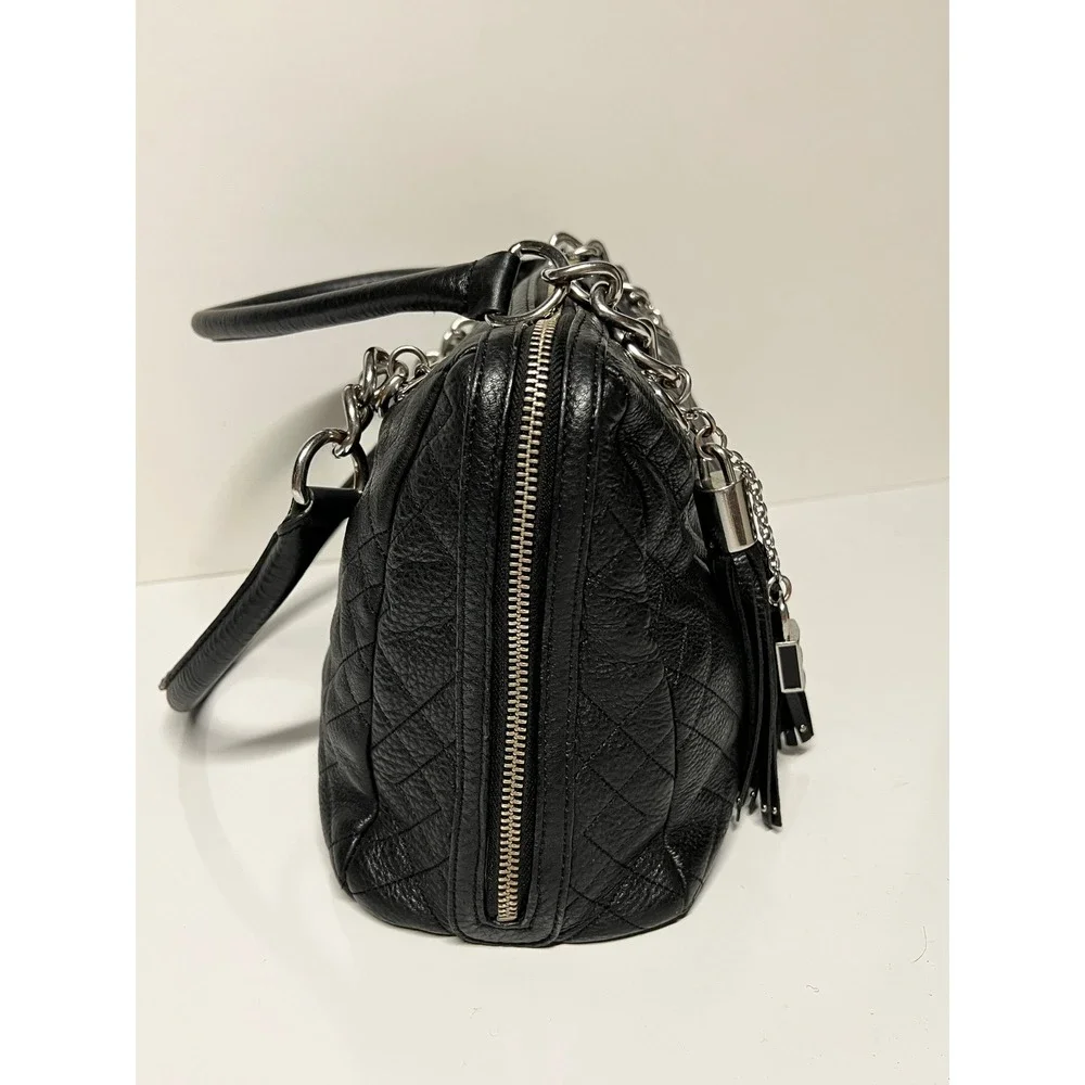 Calvin Klein Black Quilted Leather Satchel Bag Silver Chain Tassel Charm Handbag
